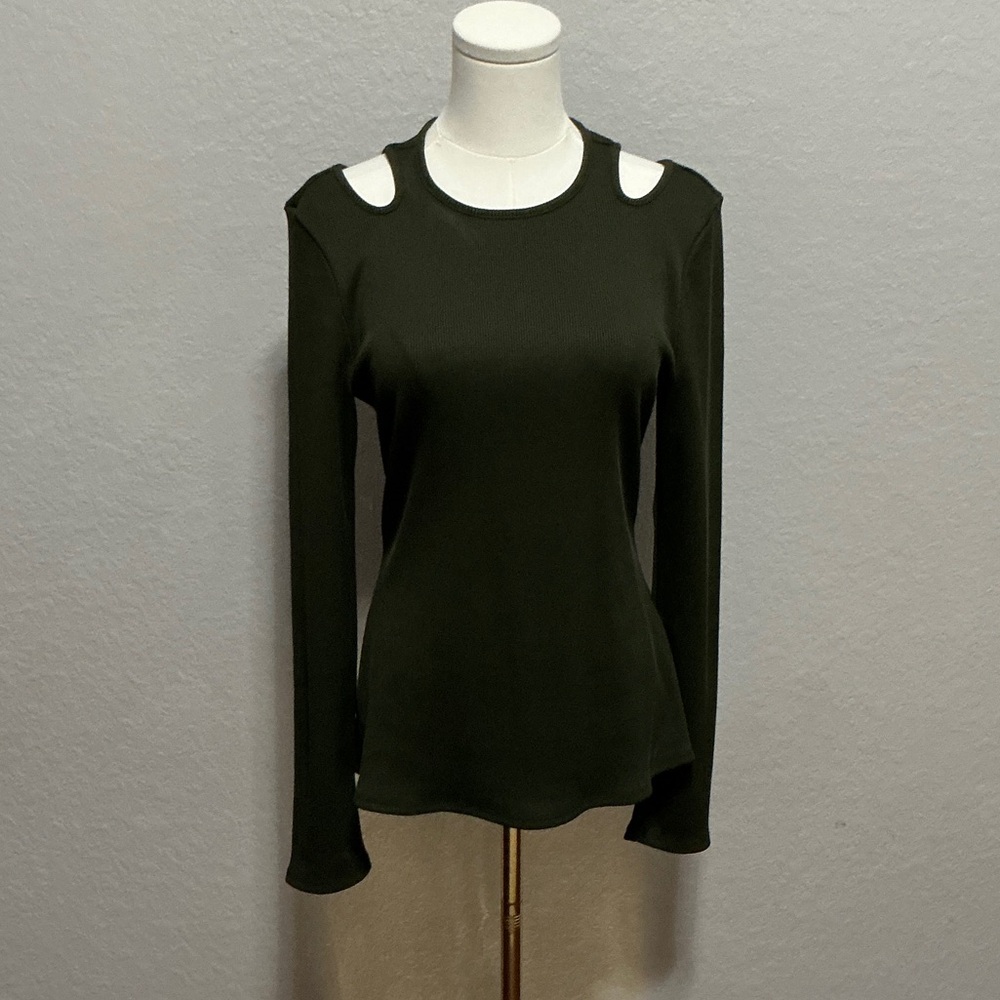 White House Black Market Olive Green Long Sleeve Cutout Shoulder Top